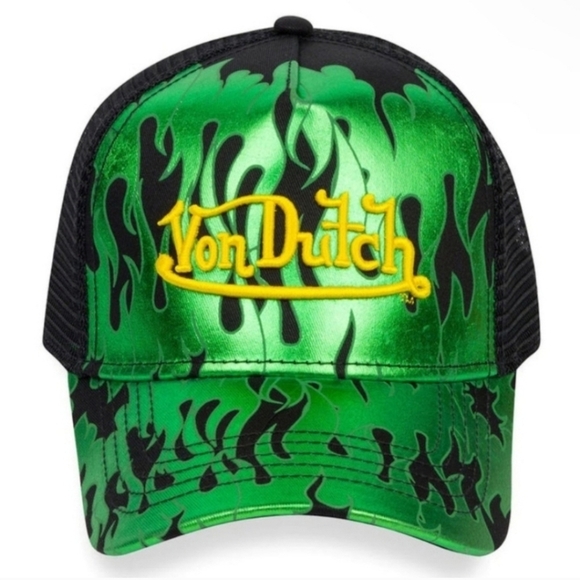 Von Dutch Other - 🔹️Von Dutch🔹️ CITY OF ANGELS GREEN Flames Embroidered TRUCKER Hat Brand New